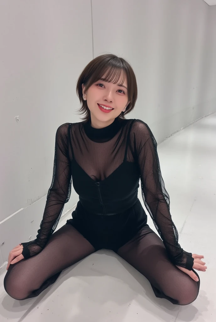 8k, RAW Photo, Best Quality, Masterpiece:1.2),(Realistic, photo-realistic:1.37), Super Detail, Wearing black pantyhose,She is wearing tight thin fitting transparent black long sleeve turtleneck, no skirts, transparent, cinematic lighting, sexy pose, monotone background, facing front, portrait, dressed up to the belly button, dressed up to the neck,black pantyhose,no pants,only pantyhose,no underwear,smiling, , (crawling position on their hands and knees,Showcasing cleavage,Emphasize the cleavag,u

