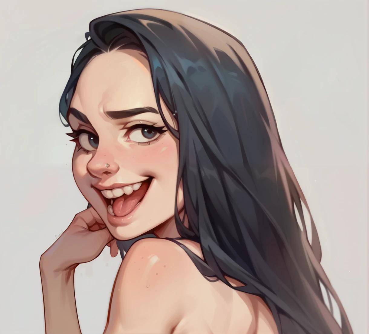 age woman with black hair, big front, thin eyebrows, defined pommels, thin eyebrows, Nose, defined chin , white background