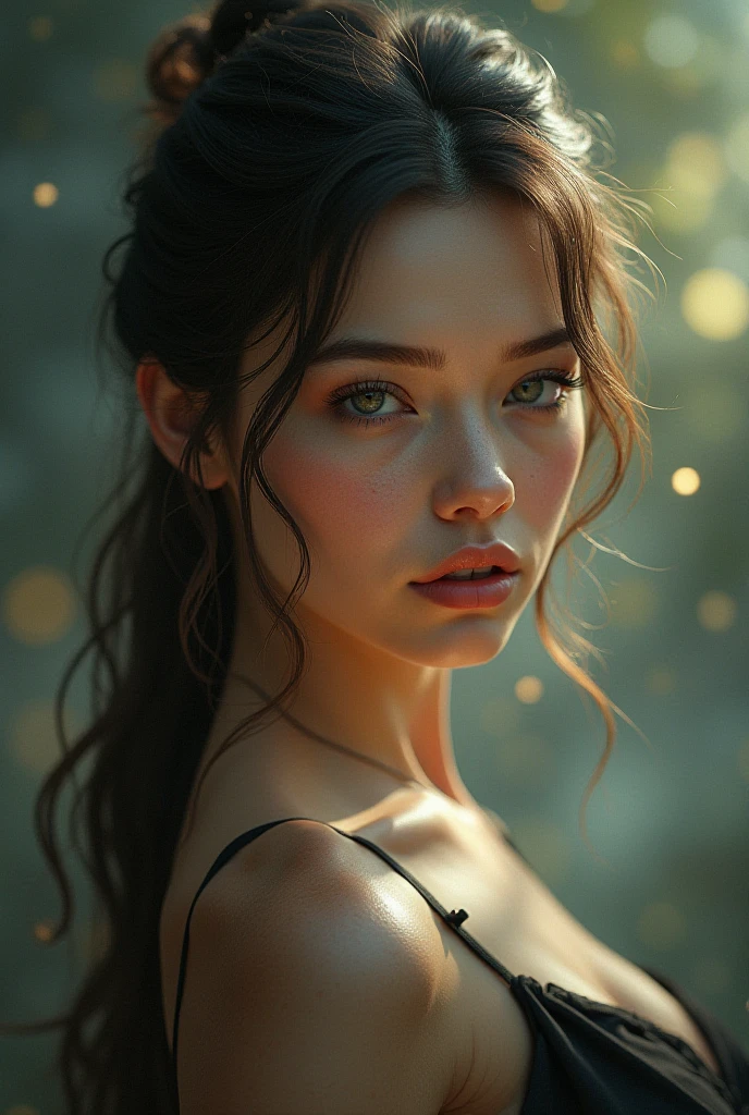 a beautiful young woman, detailed face, large eyes, full lips, flawless skin, long eyelashes, luxurious flowing hair, elegant dress, graceful pose, seductive expression, alluring gaze, mesmerizing beauty, hypnotic charm, femme fatale, dramatic lighting, dramatic contrast, vivid colors, cinematic composition, ethereal, dreamlike, (best quality,4k,8k,highres,masterpiece:1.2),ultra-detailed,(realistic,photorealistic,photo-realistic:1.37)