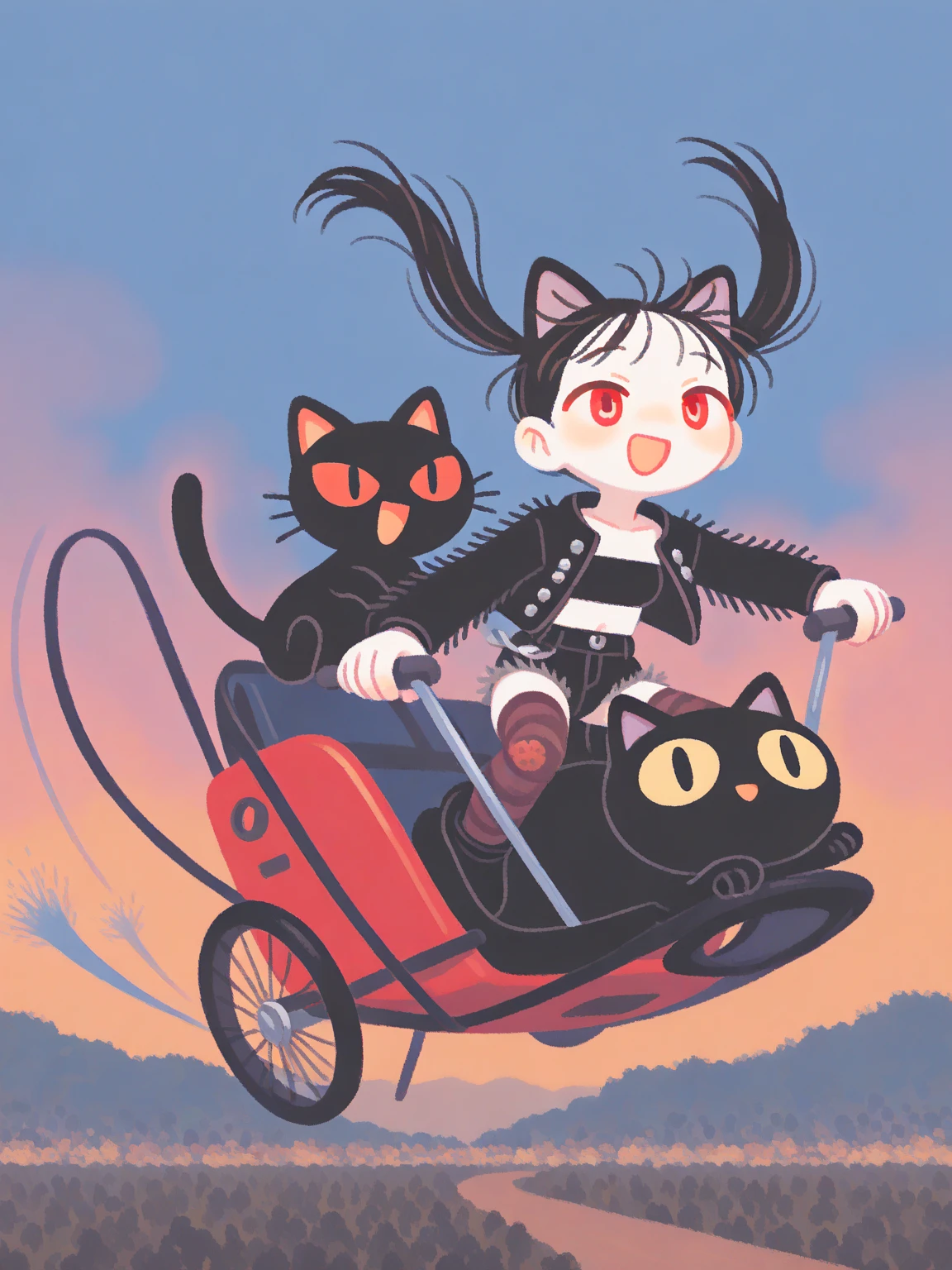 (solo:1.2),1girl\((fluffy black cat-ear:1.6),(fluffy black cat-ear:1.6),cute, kawaii,(big evil smile),open mouth, (black hair:1),(long hair),(twin tails hair),(pale skin), red eyes,(detailed eyes:1.4),spiral eye, eyes shining, (big eyes),(breast:1.4),(punk fashion:1.6),(ripped clothes:1.3),(tight tube top),(tight hot pants),(stomach shown:0.8),(abs:0.8),(ripped black short jacket:1.4),(fluffy black cat-ear:1.6),(bangs:1.2),(driving (tuk-tuk\(jumping in air, auto rickshaw\):1.4)),(dynamic acyion:1.3),\). BREAK .background\(outside, noisy city, at night,(Thailand landscape:1.3),statue of Budha\).(dynamic angle),pop art,vivid color, (graffiti art:0.5)