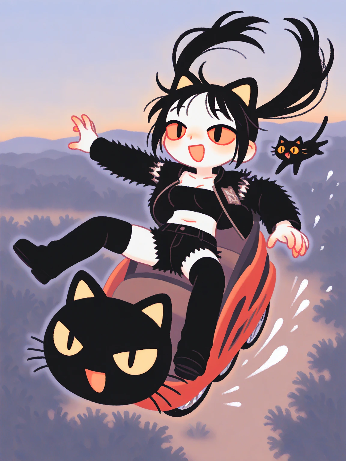 (solo:1.2),1girl\((fluffy black cat-ear:1.6),(fluffy black cat-ear:1.6),cute, kawaii,(big evil smile),open mouth, (black hair:1),(long hair),(twin tails hair),(pale skin), red eyes,(detailed eyes:1.4),spiral eye, eyes shining, (big eyes),(breast:1.4),(punk fashion:1.6),(ripped clothes:1.3),(tight tube top),(tight hot pants),(stomach shown:0.8),(abs:0.8),(ripped black short jacket:1.4),(fluffy black cat-ear:1.6),(bangs:1.2),(driving (tuk-tuk\(jumping in air, auto rickshaw\):1.4)),(dynamic acyion:1.3),\). BREAK .background\(outside, noisy city, at night,(Thailand landscape:1.3),statue of Budha\).(dynamic angle),pop art,vivid color, (graffiti art:0.5)