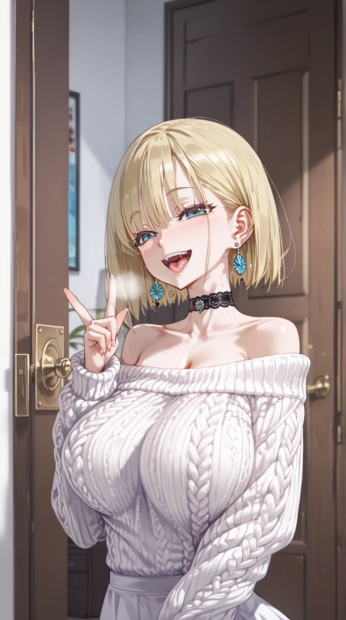 1 Girl、solo、masterpiece,highest quality,High resolution,Very detailed, skinny,Black Choker,Earrings,Big cleavage、Off-the-shoulder tight sweater dress,

 Cute pose、(((Open your mouth))), Heavy breathing , (aheghentai face:1.5), 
Blonde pixie short hair、
(((Accurate 5-finger)))、Accurate human body、The perfect human body、((Captivating smile ))、

entrance、indoor、open the door、Detailed Background、　((oily skin, )),