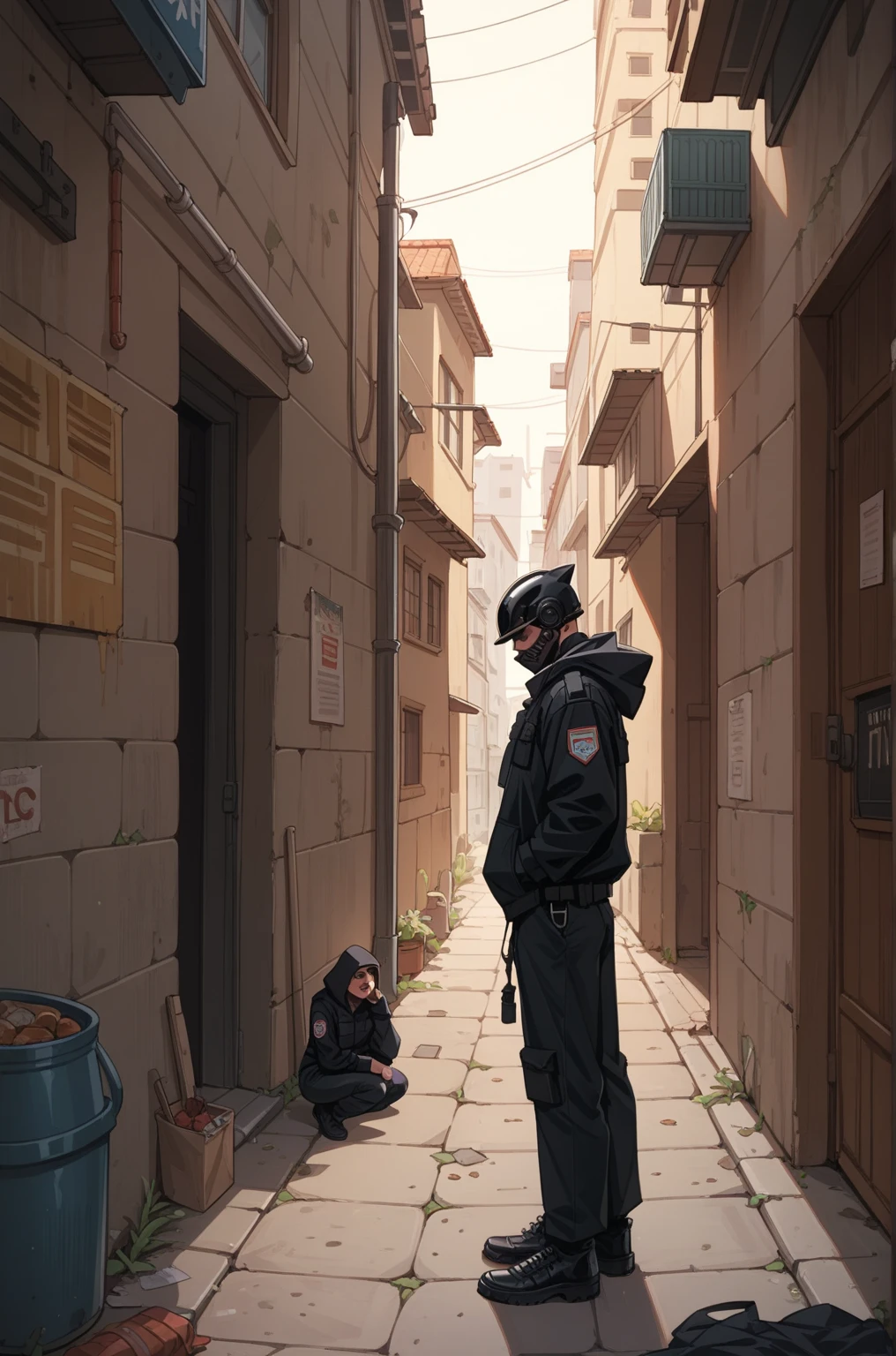 Deserted Alley,  attractive young people,  wears RoboCop cosplay , Looks weak, 18 years old, Weak body ,  tall , 