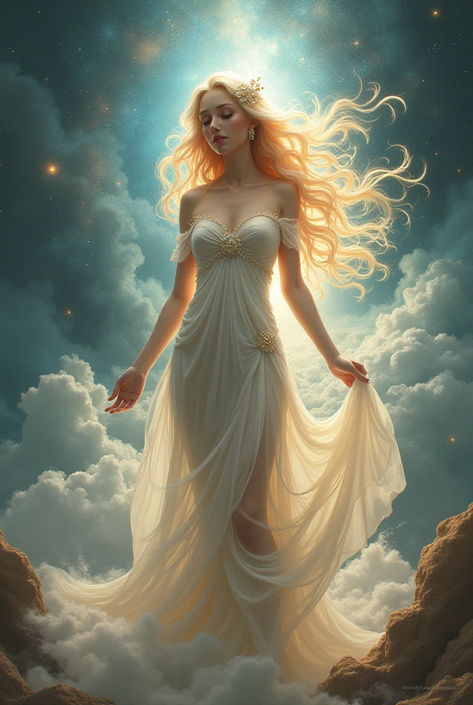 In a vivid and mesmerizing oil painting, Tomelee masterfully blends the styles of Norman Rockwell, Jeremy Mann, John William Waterhouse, Luis Royo, Van Gogh, Boris Vallejo, and Banksy. The primary protagonist is a celestial woman, her form composed of divine essence, standing majestically in a dreamlike, mythical landscape. Her glowing figure emits an otherworldly light, with shimmering colors of gold, silver, and iridescent blues and purples that blend and shift, enhancing her ethereal presence. Her hair flows like liquid starlight, cascading around her in waves of luminescence, and her eyes glow with the intensity of distant galaxies. She wears a flowing, translucent gown adorned with intricate patterns resembling constellations and cosmic symbols, which moves as if