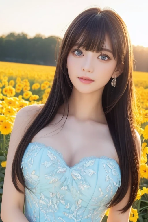 ( close-up:1.2)、(RAW shooting:1.2)、( Photorealistic :1.4)、(masterpiece:1.3)、( top quality :1.4)、Bright expression、 VERY BEAUTIFUL GIRL 、 in a pumpkin field haystacks 、Pretty and beautiful face down to the last detail 、Beautiful Bangs、 radiant white skin、Facial hair、Face bangs 、 bangs between eyes、Super long hair、 glamorous light and dark platinum blonde super long straight silky hair、 charming and radiant beautiful bright transparent light blue big eyes 、 gorgeous dress、 double eyelids、Wide Chest、 upper body、