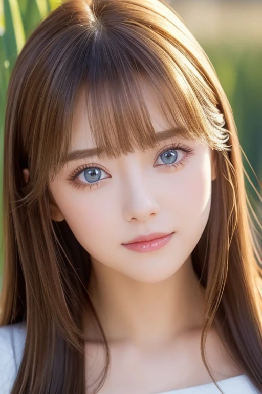 ( close-up:1.2)、(RAW shooting:1.2)、( Photorealistic :1.4)、(masterpiece:1.3)、( top quality :1.4)、Bright expression、 VERY BEAUTIFUL GIRL 、 in a pumpkin field haystacks 、Pretty and beautiful face down to the last detail 、Beautiful Bangs、 radiant white skin、Facial hair、Face bangs 、 bangs between eyes、Super long hair、 glamorous light and dark platinum blonde super long straight silky hair、 charming and radiant beautiful bright transparent light blue big eyes 、 gorgeous dress、 double eyelids、Wide Chest、 upper body、