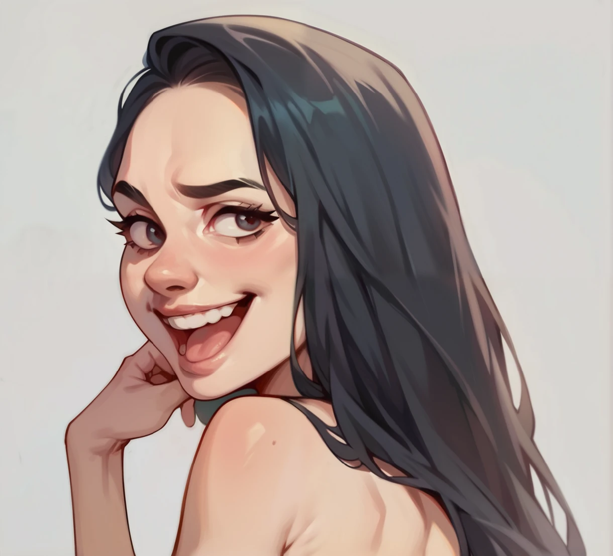 age woman with black hair, big front, thin eyebrows, defined pommels, thin eyebrows, Nose, defined chin , white background