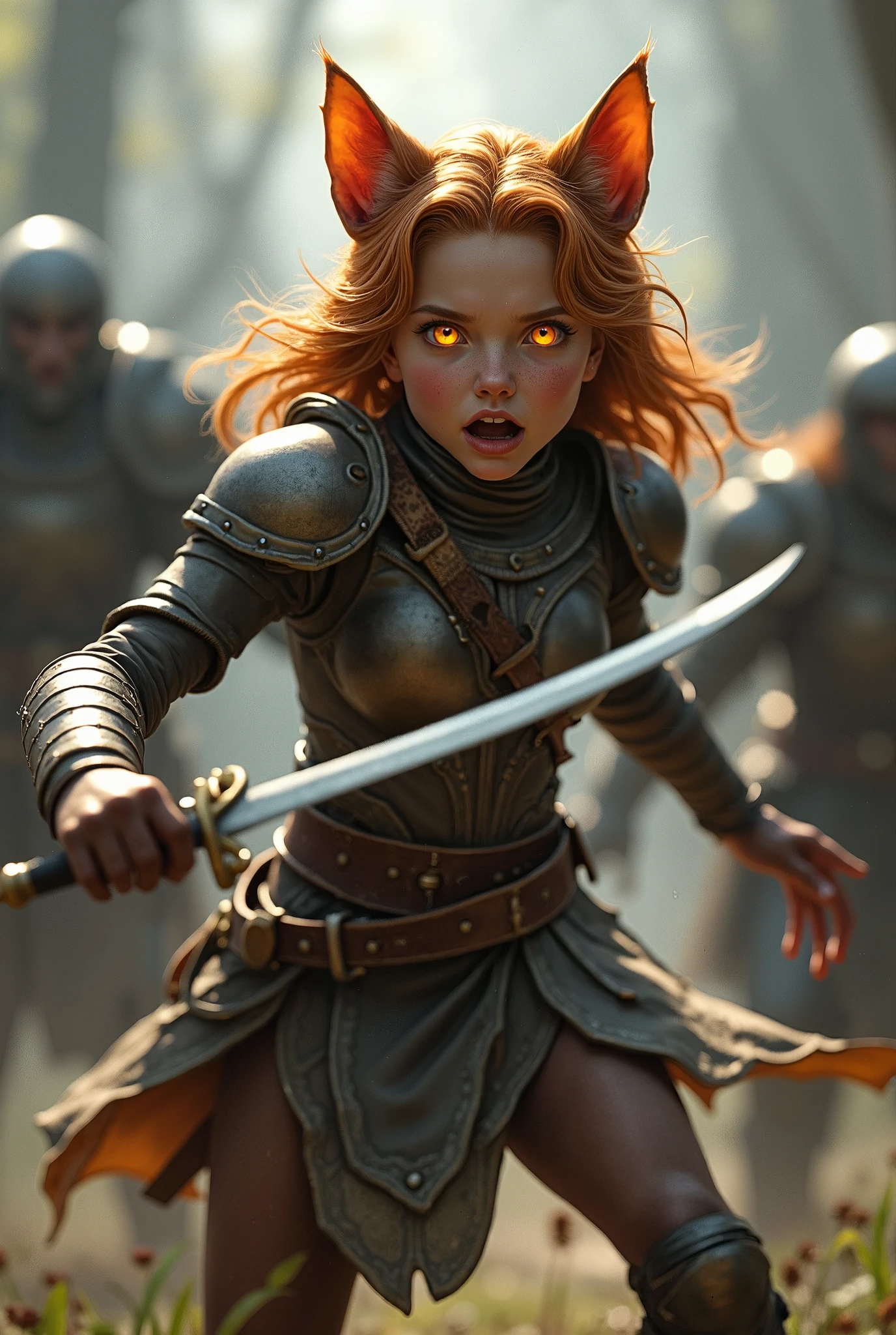  close-up ,On the side ,  fantasy style (Tolkien,lord of the rings,middle earth), на переднем плане Cat-Eared Girl (young cat girl , incredibly slender and sporty , large glowing orange cat eyes ,  light fur on her ears , light reddish hair on her head , a long cat's tail is covered in reddish blond hair ), dressed in light dark leather armor ,  in her right hand is a short sword , long dagger on the left , battle scream ,  is getting ready to fight several orcs with wars with swords and armor(  three different orcs in armor and swords attack a cat girl ),  against the backdrop of middle-earth landscapes , incredible quality ,Maximum realism, photorealism ,( Ugly green-skinned orcs in armor and with swords pile up the Cat-Eared Girl ),battle scene,  catgirl looks at three orcs with swords and fights with them ,  in her right hand, the sword ,  in her left hand is a long dagger , Fight Scene)