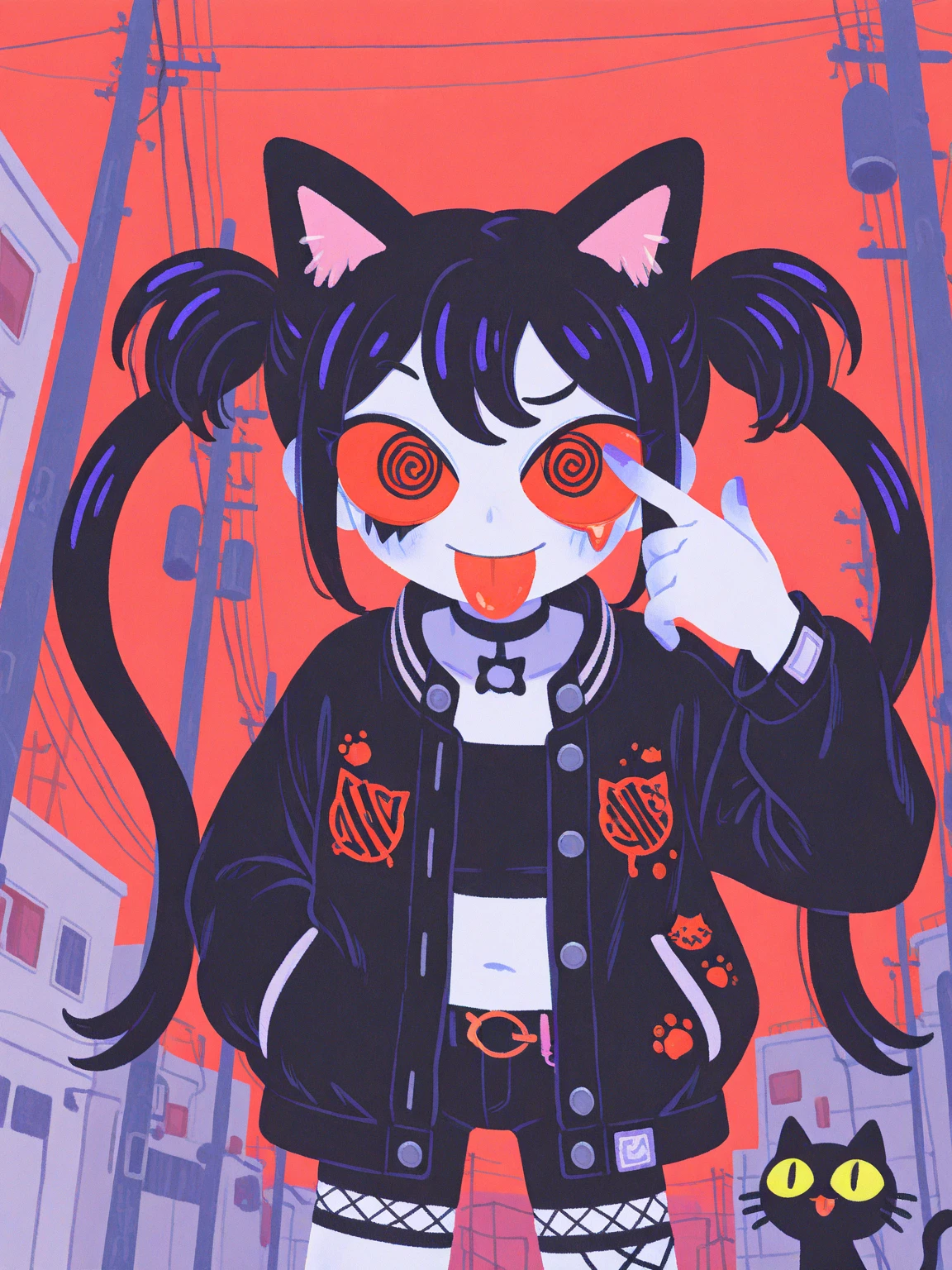 (solo:1.2),1girl\(cute, kawaii,(evil smile),akanbe, eyelid pull, tongue out, finger to eye, hand up, :p, index finger raised ,one eye closed, (black hair:1),(long hair),(twin tails hair),(pale skin:1.2), red eyes,(detailed eyes:1.4),spiral eye, eyes shining, (big eyes),(breast:1.4),(punk fashion:1.6),(ripped clothes:1.3),(tight tube top),(tight hot pants),(stomach shown:0.8),(abs:0.8),(ripped black short jacket:1.4),(fluffy black cat-ear:1.6),(fluffy black cat-ear:1.6),(dynamic pose:1.4)\)),(bang:1.2)\). BREAK .background\(outside, noisy city, backstreet, narrow street, neon lights, at night\).(close up of face:1.5),(close up of face:1.5),pop art,vivid color, (graffiti art:0.5)