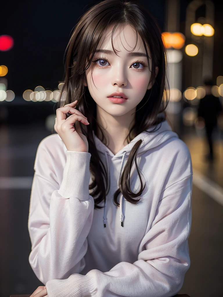 (masterpiece, Highest quality:1.4), , alone, (Beautiful Face, night:1.2), Violet, 8k, s, Absurd, Upper Body, hoodie, View your viewers, No makeup, Film Grain, chromatic aberration, Sharp focus, Face Light, Sophisticated, (smile:0.5), (neon, street:1.1), Simple Background, Bokeh Background, [:Detailed aspect:10]