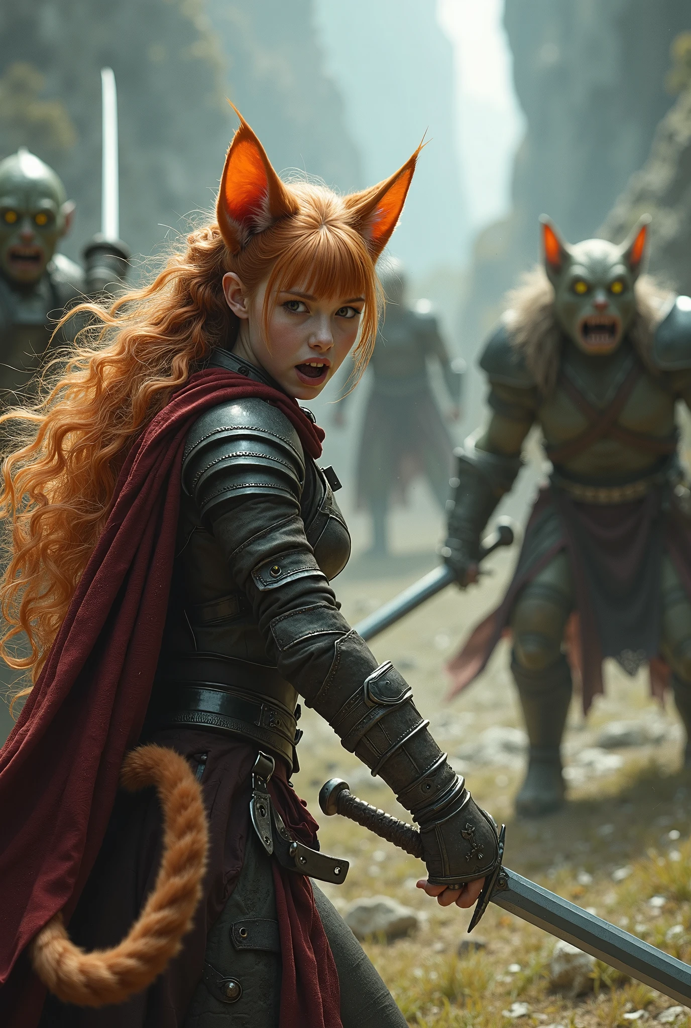  close-up ,On the side ,  fantasy style (Tolkien,lord of the rings,middle earth), на переднем плане Cat-Eared Girl (young cat girl , incredibly slender and sporty , large glowing orange cat eyes ,  light fur on her ears , light reddish hair on her head , a long cat's tail is covered in reddish blond hair ), dressed in light dark leather armor ,  in her right hand is a short sword , long dagger on the left , battle scream ,  is getting ready to fight several orcs with wars with swords and armor(  three different orcs in armor and swords attack a cat girl ),  against the backdrop of middle-earth landscapes , incredible quality ,Maximum realism, photorealism ,( Ugly green-skinned orcs in armor and with swords pile up the Cat-Eared Girl ),battle scene,  catgirl looks at three orcs with swords and fights with them ,  in her right hand, the sword ,  in her left hand is a long dagger , Fight Scene)