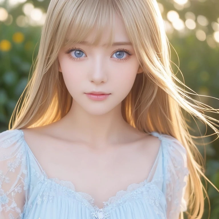 ( close-up:1.2)、(RAW shooting:1.2)、( Photorealistic :1.4)、(masterpiece:1.3)、( top quality :1.4)、Bright expression、 VERY BEAUTIFUL GIRL 、 in a pumpkin field haystacks 、Pretty and beautiful face down to the last detail 、Beautiful Bangs、 radiant white skin、Facial hair、Face bangs 、 bangs between eyes、Super long hair、 glamorous light and dark platinum blonde super long straight silky hair、 charming and radiant beautiful bright transparent light blue big eyes 、 gorgeous dress、 double eyelids、Wide Chest、 upper body、