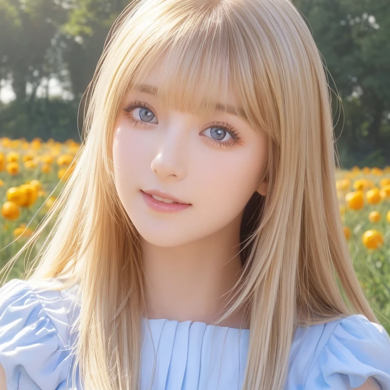 ( close-up:1.2)、(RAW shooting:1.2)、( Photorealistic :1.4)、(masterpiece:1.3)、( top quality :1.4)、Bright expression、 VERY BEAUTIFUL GIRL 、 in a pumpkin field haystacks 、Pretty and beautiful face down to the last detail 、Beautiful Bangs、 radiant white skin、Facial hair、Face bangs 、 bangs between eyes、Super long hair、 glamorous light and dark platinum blonde super long straight silky hair、 charming and radiant beautiful bright transparent light blue big eyes 、 gorgeous dress、 double eyelids、Wide Chest、 upper body、