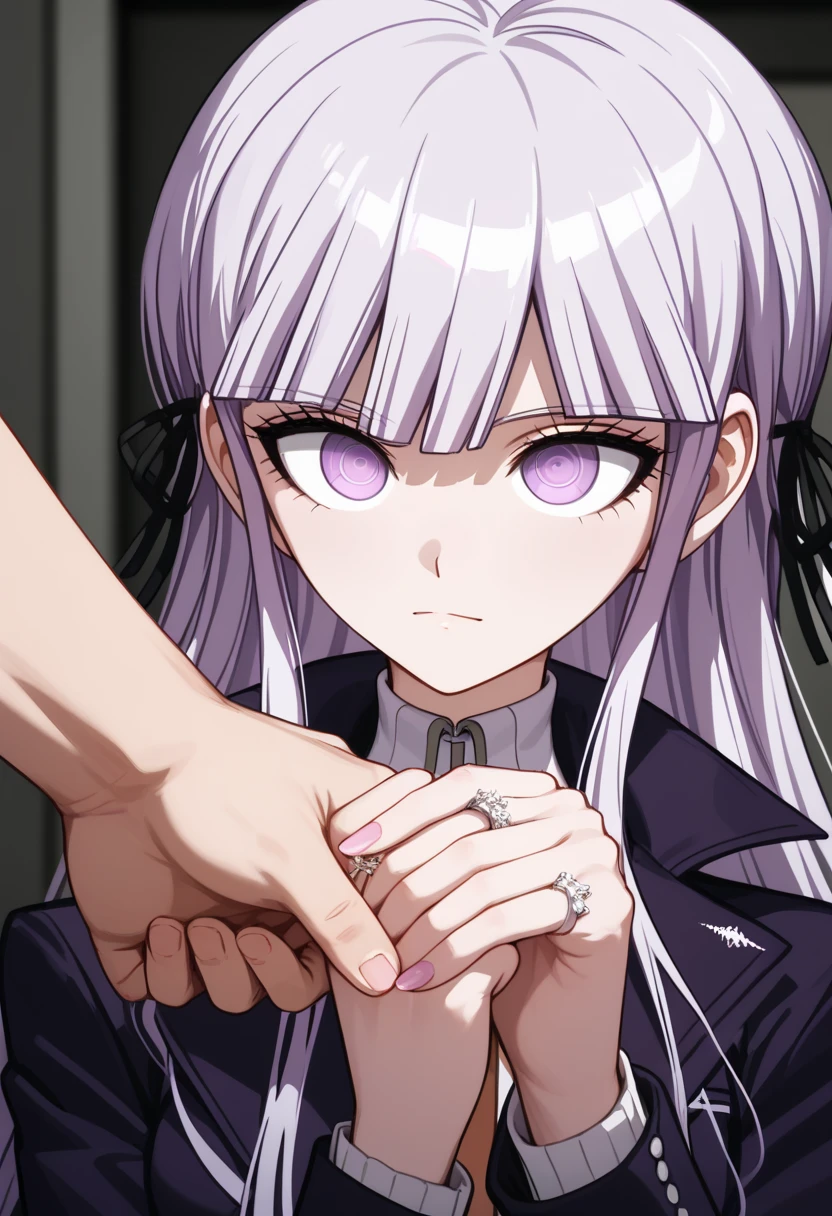 only 1girl,wholebody,(((ring exchange,putting wedding ring on,very satisfied,cool Dignified expression , gallant ,stare,cool happy face)),light violet hair girl,(((Tears of joy))),break, Kyoko Kirigiri, (((light_violet_hair))),\(Danganronpa\),  (((Brave and dynamic))) 