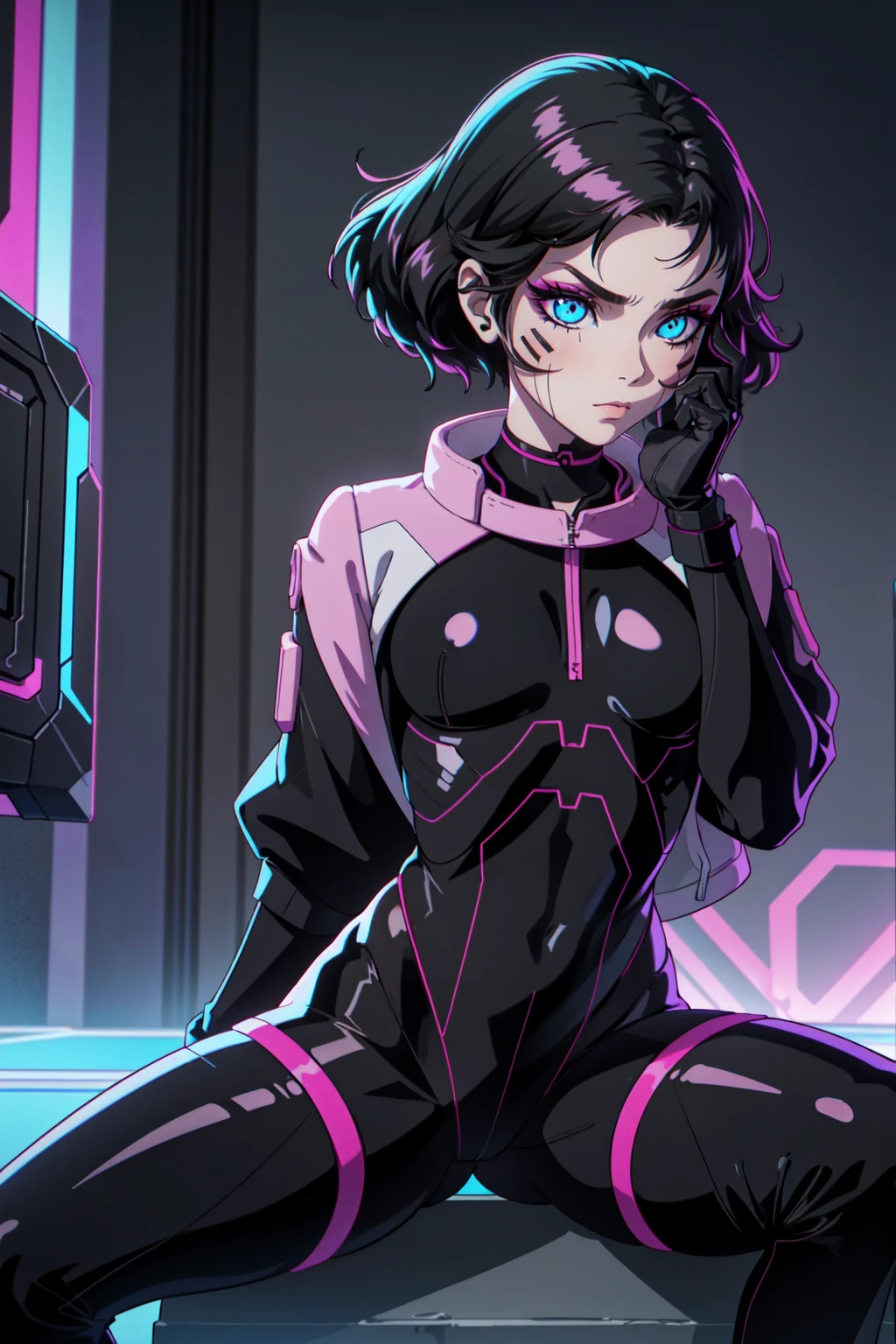 Create an illustration of Sasha from Cyberpunk: Edgerunners. She is a young netrunner with a slender and agile physique, reflecting her hacker lifestyle. Her hair is short, (black hair), messy, and brightly colored, often with neon highlights like electric blue or vibrant pink. Her (blue eyes) have a sharp, tech-enhanced glow, hinting at cybernetic implants. Sasha wears a sleek, tactical bodysuit designed for mobility and stealth, primarily in shades of black and dark gray, accented with neon lines that pulse softly with her netrunning activity. She also sports a high-tech visor or goggles over her eyes, loaded with digital HUD displays. Her gloves are fingerless, exposing cybernetic fingertips perfect for interfacing with technology. Completing her look are combat boots and a utility belt filled with small hacking tools and gadgets. The overall vibe is a mix of futuristic hacker aesthetic and street-smart edge, blending style and functionality. sitting, upper body