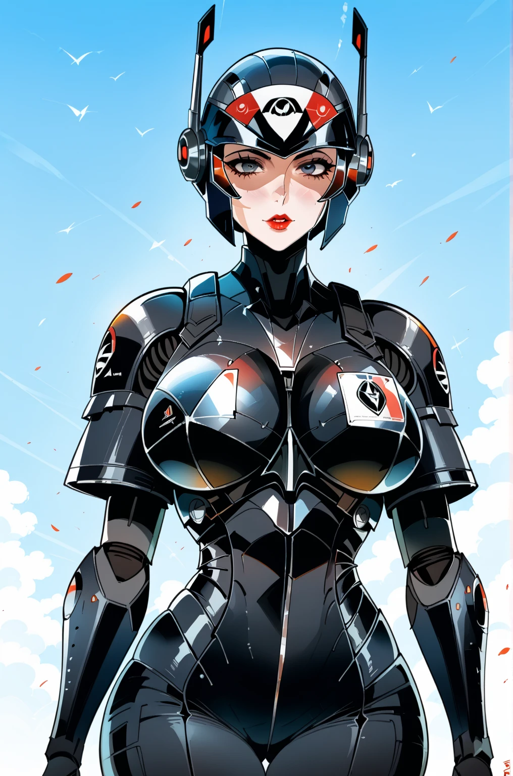 (  top quality  ), (Overall view), Female Robocop,   Huagai with a cool and charming face ,RoboCop Armor    ,  RoboCop helmet  ,    beautiful and sexy young woman , 18 years old,    toned musculature   , Cool and charming    ,  sharp eye, Big Breasted 