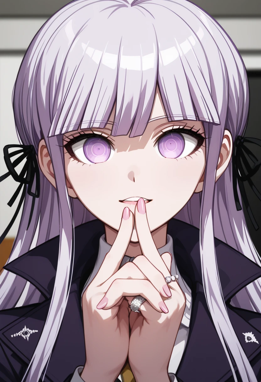 only 1girl,wholebody,(((ring exchange,putting wedding ring on,very satisfied ,stare,cool happy face)),light violet hair girl,(((Tears of joy))),break, Kyoko Kirigiri, (((light_violet_hair))),\(Danganronpa\),  (((Brave and dynamic))) 