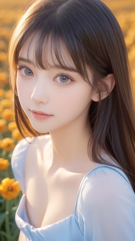 ( close-up:1.2)、(RAW shooting:1.2)、( Photorealistic :1.4)、(masterpiece:1.3)、( top quality :1.4)、Bright expression、 VERY BEAUTIFUL GIRL 、 in a pumpkin field haystacks 、Pretty and beautiful face down to the last detail 、Beautiful Bangs、 radiant white skin、Facial hair、Face bangs 、 bangs between eyes、Super long hair、 glamorous light and dark platinum blonde super long straight silky hair、 charming and radiant beautiful bright transparent light blue big eyes 、 gorgeous dress、 double eyelids、Wide Chest、 upper body、