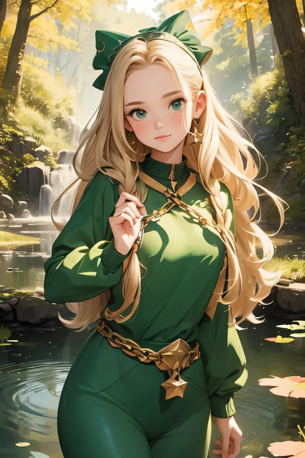 (( top quality )), ((masterpiece)), (  Details), 1 person， A very young very  ，， Body Type，  fairy  ， blondes,  wave hair， shiny hair，Forehead protector，  holding a star , knight，Green clothes,  Chain Mail ，At the pond in the fall forest， fall foliage，