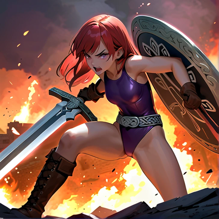 Masterpiece, hd, high resolution, high quality, best quality, super detailed. Solo character alone, multiple views. Fantasy art.
{{(A 14-years-old barbarian-girl:(appearance: messed short-medium-scarlet-red-hair. purple-eyes with black-pupils. slender-contexture. fair-skin. She's fighting bravely and violent against giant-fire-trolls. Beautiful-face. very-violent and angry-expression. Angry-open-mouth. eyes with furious-expression. she stands 1,56-cm-tall. combat pose. swinging her broadsword with left-hand doing fatal-blows. holding her rounded-shield with right-hand. Brave heroine. Heroic demeanor. Heroic personality. Face with blood. Arms and legs bleeding. Sweating nervous.),(equipment: steel-magical-broadsword. Rounded-steel-shield.),(she wears: thick one-piece-purple-combat-leotard. silver metal-belt. long-leather-brown-boots. leather-brown-gloves.),(scenery: Celtic training-grounds with ancient greek-objects and celtic-objects in a terrible battle. Barbarians fighting vs giant-fire-trolls.))}