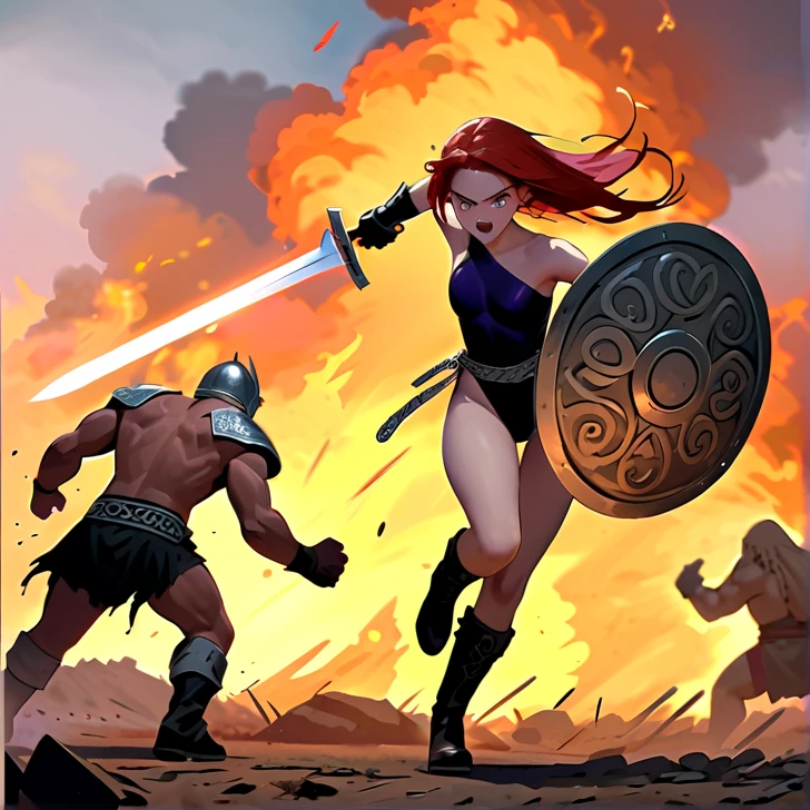 Masterpiece, hd, high resolution, high quality, best quality, super detailed. Solo character alone, multiple views. Fantasy art.
{{(A 14-years-old barbarian-girl:(appearance: messed short-medium-scarlet-red-hair. purple-eyes with black-pupils. slender-contexture. fair-skin. She's fighting bravely and violent against giant-fire-trolls. Beautiful-face. very-violent and angry-expression. Angry-open-mouth. eyes with furious-expression. she stands 1,56-cm-tall. combat pose. swinging her broadsword with left-hand doing fatal-blows. holding her rounded-shield with right-hand. Brave heroine. Heroic demeanor. Heroic personality. Face with blood. Arms and legs bleeding. Sweating nervous.),(equipment: steel-magical-broadsword. Rounded-steel-shield.),(she wears: thick one-piece-purple-combat-leotard. silver metal-belt. long-leather-brown-boots. leather-brown-gloves.),(scenery: Celtic training-grounds with ancient greek-objects and celtic-objects in a terrible battle. Barbarians fighting vs giant-fire-trolls.))}