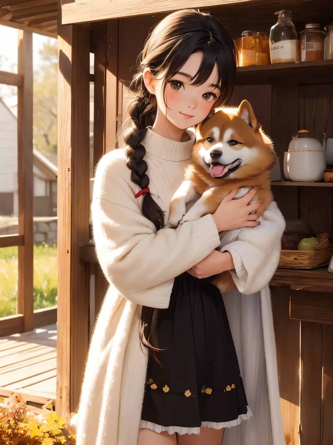 (  top quality  ,4K,8k,  kampala ,masterpiece:1.2),   very detailed , (Deformed,  realistic,  realistic:1.3)，One ，  A cute young man with the color of an autumn festival stall ，Very small build ，   Toddler Figure Temptation   ，Laugh happily,   brown eyes  , Fluffy,  black hair braids ，white dress，That dog is bigger than the girl   ......，This dog is an Akita....，犬はFluffy，  dog is hugging a girl ，  Akita dogs hold white panties in their mouths:1.8， Siberian husky with autumn country house and garden background， fall foliage，