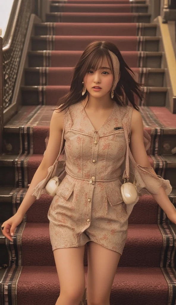 Wearing a dress, I'm going down the stairs one step at a time while commuting、 The woman has big breasts and a glamorous body 、The target woman is photographed from below 