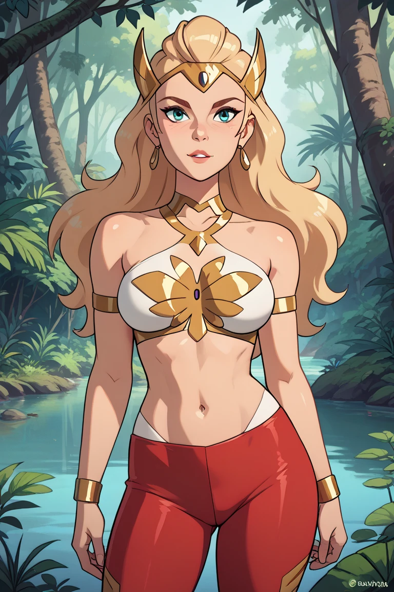 front view of Adora wearing sexy jungle and wild outfits in a bright forest with a blu bright lake near, with her friends in the background