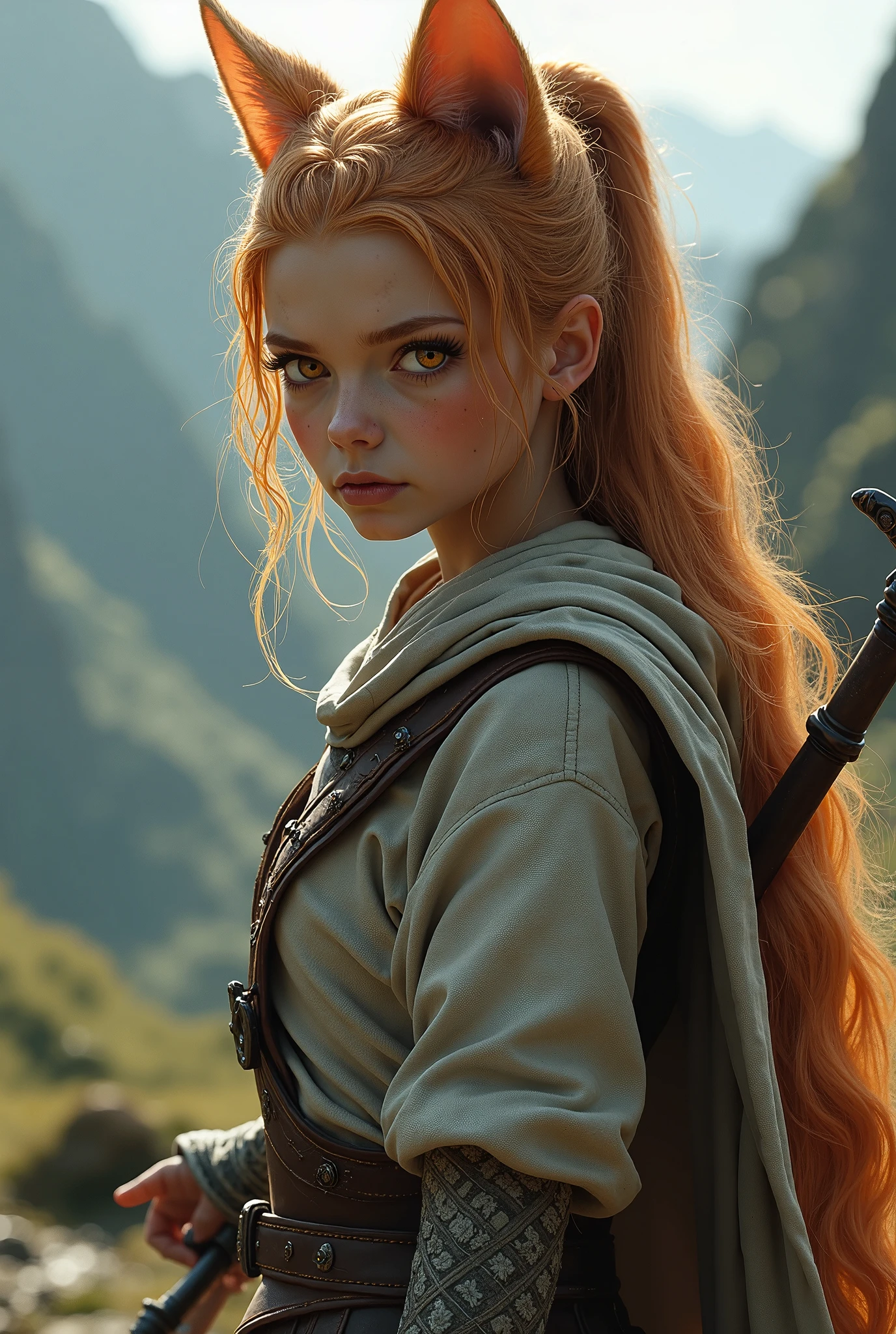  close-up ,On the side ,  fantasy style (Tolkien,lord of the rings,middle earth), на переднем плане Cat-Eared Girl (young cat girl , incredibly slender and sporty , large glowing orange cat eyes ,  light fur on her ears , light reddish hair on her head , a long cat's tail is covered in reddish blond hair ), dressed in light dark leather armor ,  in her right hand is a short sword , long dagger on the left , battle scream , getting ready to fight against the backdrop of the landscapes of Middle-earth, incredible quality ,Maximum realism, photorealism ,Cat-Eared Girl ((young cat girl , incredibly slender and sporty , large glowing orange cat eyes ,  light fur on her ears , light reddish hair on her head , a long cat's tail is covered in reddish blond hair ))((  photorealism , black leather light armor ,))