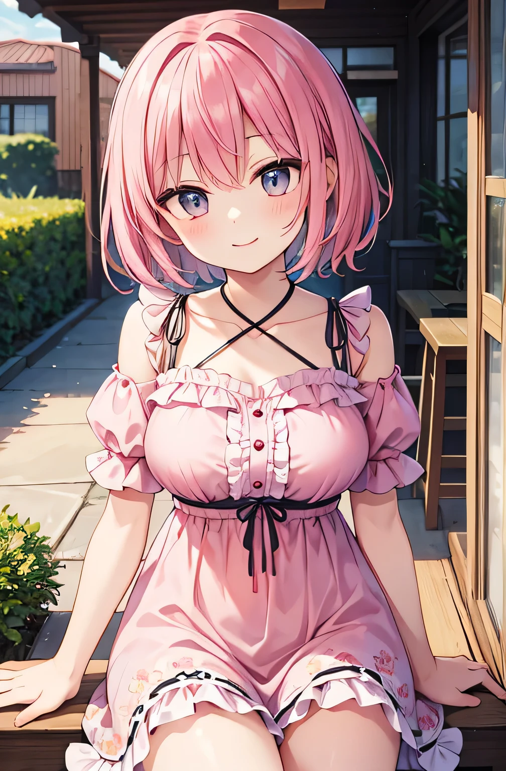 ((SD Art、cute little、Chibi Character))、masterpiece、hight resolution、the detail、真实感、Best Quality、1girl in、beauitful face、22year old、Floral hair ornament、Colorful medium hair、Embarrassed look、slightly larger udder、cleavage、No panties、perfect buttocks、perfect thighs、Innocent、agitation、Romantic landscape、Spread your legs apart