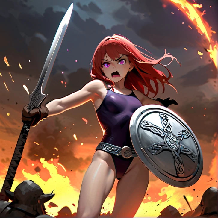 Masterpiece, hd, high resolution, high quality, best quality, super detailed. Solo character alone, multiple views. Fantasy art.
{{(A **-*****-*** barbarian-girl:(appearance: messed short-medium-scarlet-red-hair. purple-eyes with black-pupils. slender-contexture. fair-skin. She's fighting bravely and violent against giant-fire-trolls. Beautiful-face. very-violent and angry-expression. Angry-open-mouth. eyes with furious-expression. she stands 1,56-cm-tall. combat pose. swinging her broadsword with left-hand doing fatal-blows. holding her rounded-shield with right-hand. Brave heroine. Heroic demeanor. Heroic personality. Face with blood. Arms and legs bleeding. Sweating nervous.),(equipment: steel-magical-broadsword. Rounded-steel-shield.),(she wears: thick one-piece-purple-combat-leotard. silver metal-belt. long-leather-brown-boots. leather-brown-gloves.),(scenery: Celtic training-grounds with ancient greek-objects and celtic-objects in a terrible battle. Barbarians fighting vs giant-fire-trolls.))}