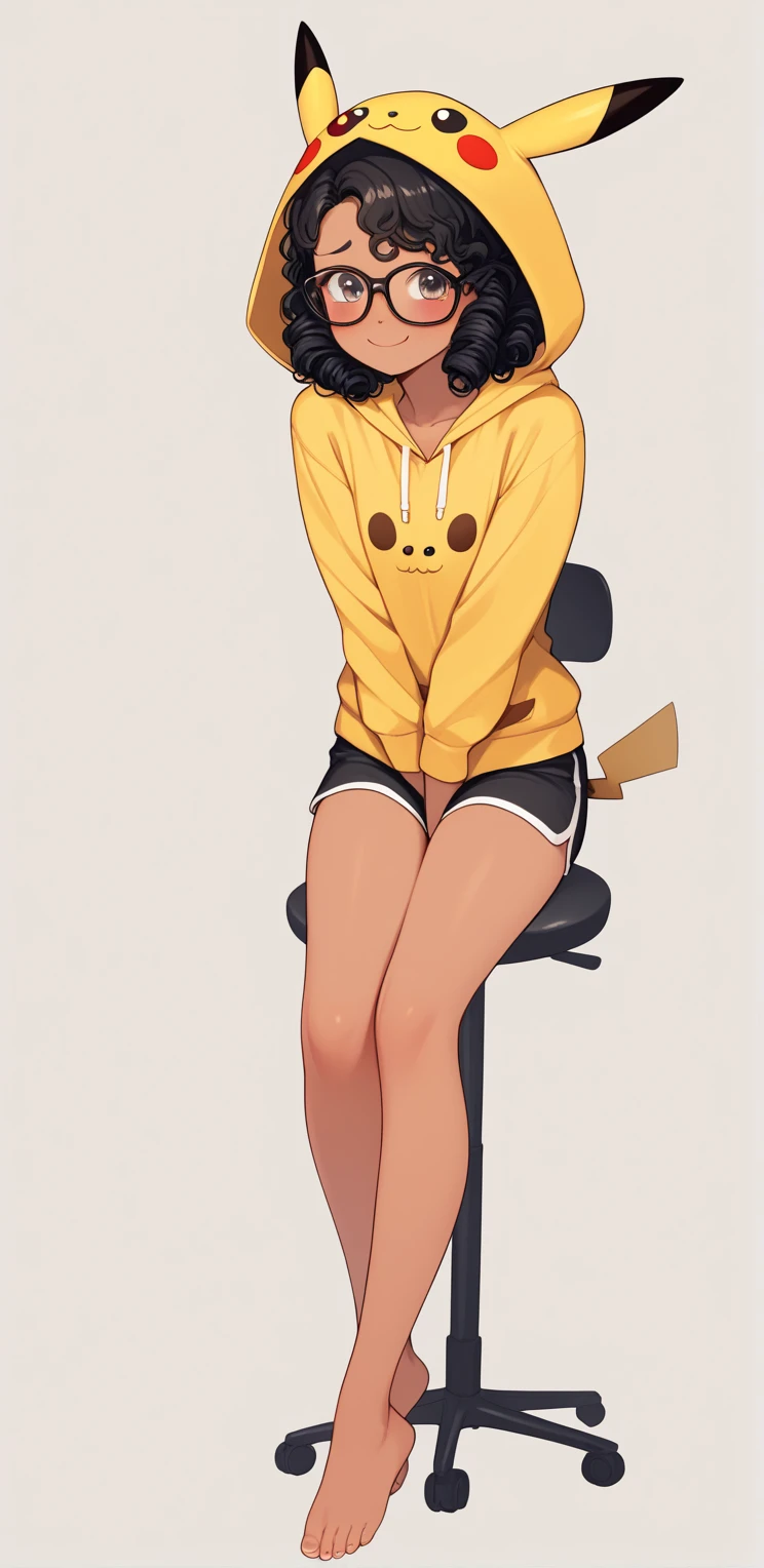  A girl, (  curly hair , with ties,  black hair)  teenager , ( wearing clothes : , Pikachucosplay, Pikachu \(Pikachu\), character print, hood, moletom com hood, yellow sweatshirt, A short yoga shorts .,   herself wearing glasses,  shy smile) .( shy face ,  tanned skin  ) Height : small .  ,  with a full body. A little fuller , (  manga style black and white ).  sitting on chair .