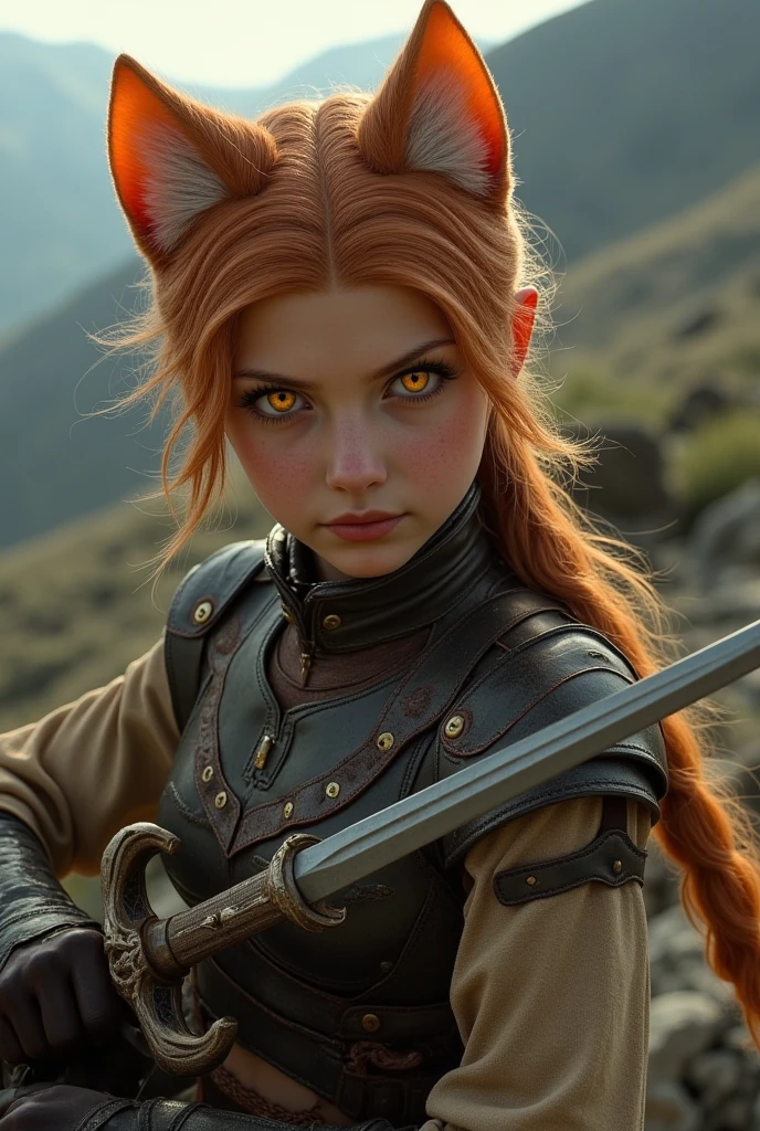  close-up ,On the side ,  fantasy style (Tolkien,lord of the rings,middle earth), на переднем плане Cat-Eared Girl (young cat girl , incredibly slender and sporty , large glowing orange cat eyes ,  light fur on her ears , light reddish hair on her head , a long cat's tail is covered in reddish blond hair ), dressed in light dark leather armor ,  in her right hand is a short sword , long dagger on the left , battle scream , getting ready to fight against the backdrop of the landscapes of Middle-earth, incredible quality ,Maximum realism, photorealism ,Cat-Eared Girl ((young cat girl , incredibly slender and sporty , large glowing orange cat eyes ,  light fur on her ears , light reddish hair on her head , a long cat's tail is covered in reddish blond hair ))((  photorealism , black leather light armor ,))