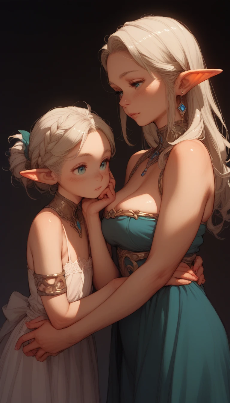 1 woman, Beautiful elf lady, silver white Long straight hair, upturn elf pointy ears, sexy figure, perfect breast, charming cleavage, white skin, very beautiful face, detailed face, delicate eyes, detailed pupil, beautiful and delicate lips, blush, shy, heart, in love, light smile, white camisole long skirt, Simple and stylish, small crystal earrings, hand drawn animation, high detailed, outdoor, symmetrical clothes, best quality, masterpiece, retina, 8K, highres,