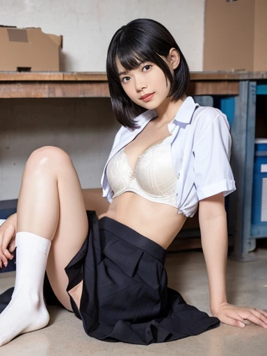 Very detailed、High resolution、Super Beauty　highest quality、masterpiece、(RAW Photos:1.2)、(Realistic:1.4)、Beautiful details　Delicate expression, smile、((I can see your crotch))、eyelash、Sparkling eyes、Glossy lips、Beautiful and beautiful eyes、Large file size、Very detailed expression、(Front view:1.5)、smile, (White and silver panty:1.5), (Short black hair:1.5), (fits your body:1.5), Very detailed, masterpiece, Realistic, photo Realistic, 18-year-old, blush, Lips parted, Looking at the audience, ((Very large breasts)), (View of the sea from the hotel room:1.3), Full body photo, Tight waist, (Legs spread wide:1.5), (Camel Toe), (thin cotton panties), ((Wearing a Japanese high school uniform:1.5)), ((Wear a tartan check skirt)), Lift up your skirt, Flip up your skirt yourself, (wearing a white shirt and no bra:1.5), ((Button the shirt))