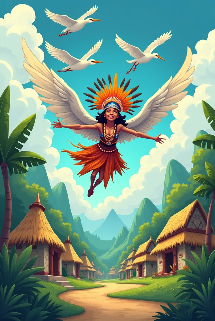 Surrealistic drawing of indigenous children flying over a macaw