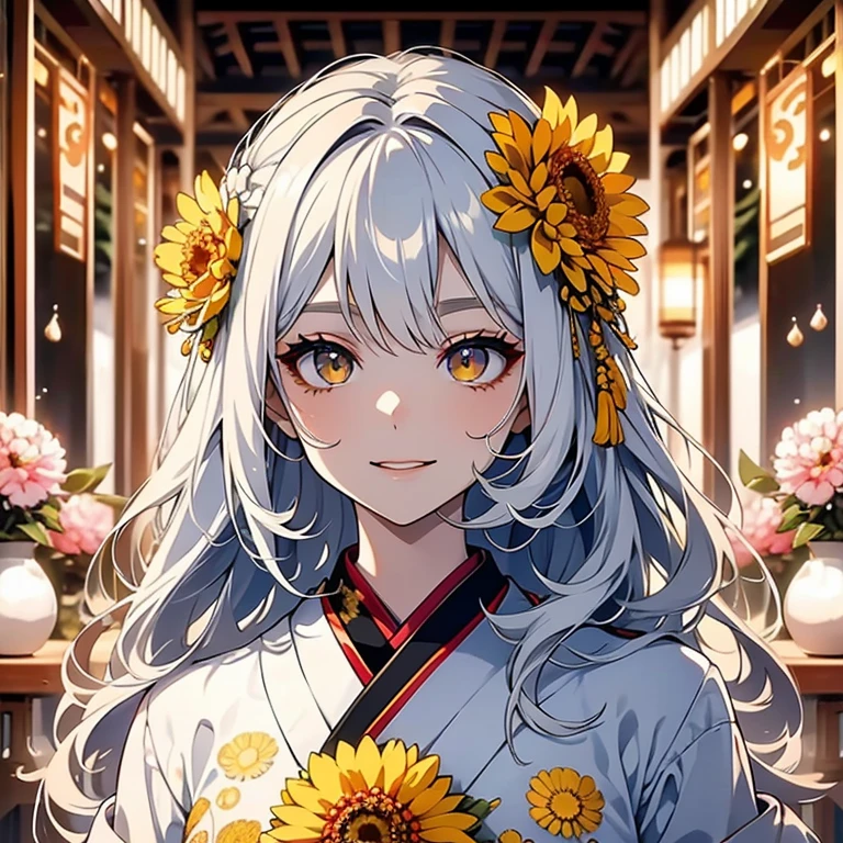  long silvery hair ,  hair is sharp like a needle , with hair partially standing on end, eyes are large and slender ,Eyes are golden,The pupils are long and thin ,  white skin like snow  , smiling mouth,All teeth are sharp  ,  gorgeous black Japanese kimono ,Chrysanthemum pattern , yellow chrysanthemum flowers , red chrysanthemum flowers ,White Chrysanthemum, The background is a large snake with white bones,