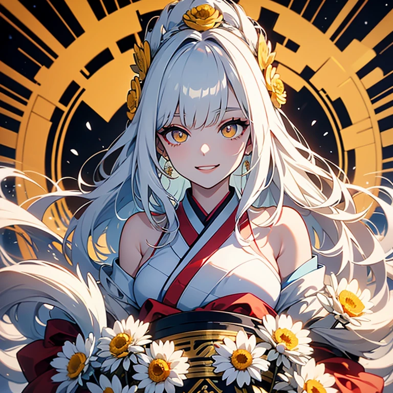  long silvery hair ,  hair is sharp like a needle , with hair partially standing on end, eyes are large and slender ,Eyes are golden,The pupils are long and thin ,  white skin like snow  , smiling mouth,All teeth are sharp  ,  gorgeous black Japanese kimono ,Chrysanthemum pattern , yellow chrysanthemum flowers , red chrysanthemum flowers ,White Chrysanthemum, The background is a large snake with white bones,