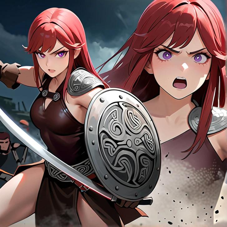 Masterpiece, hd, high resolution, high quality, best quality, super detailed. Solo character alone, multiple views. Fantasy art.
{{(A 20-years-old barbarian-girl:(appearance: messed-medium-length-scarlet-red-hair. purple-eyes with black-pupils. Beautiful-contexture. fair-skin. Confident pose. Beautiful-face. very-violent furious-expression. Angry-open-mouth. eyes with furious-expression. she stands 1,70-cm-tall. Fighting aggressively. swinging her broadsword with left-hand doing fatal-blows. holding her rounded-shield with right-hand. Heroic demeanor. Heroic personality. Brave heroine.),(equipment: steel-magical-broadsword. Rounded-steel-shield.),(she wears: thick one-piece-purple-combat-leotard. silver metal-belt. long-leather-brown-boots. leather-brown-gloves.),(scenery: Celtic training-grounds with ancient greek-objects and celtic-objects in horrible battle. Battlefield between barbarias vs giant-demons.))}