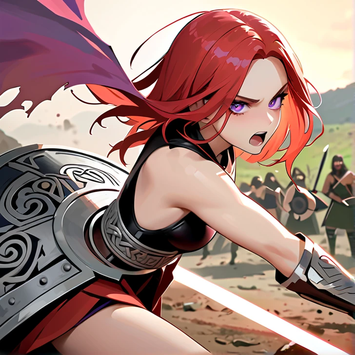 Masterpiece, hd, high resolution, high quality, best quality, super detailed. Solo character alone, multiple views. Fantasy art.
{{(A 20-years-old barbarian-girl:(appearance: messed-medium-length-scarlet-red-hair. purple-eyes with black-pupils. Beautiful-contexture. fair-skin. Confident pose. Beautiful-face. very-violent furious-expression. Angry-open-mouth. eyes with furious-expression. she stands 1,70-cm-tall. Fighting aggressively. swinging her broadsword with left-hand doing fatal-blows. holding her rounded-shield with right-hand. Heroic demeanor. Heroic personality. Brave heroine.),(equipment: steel-magical-broadsword. Rounded-steel-shield.),(she wears: thick one-piece-purple-combat-leotard. silver metal-belt. long-leather-brown-boots. leather-brown-gloves.),(scenery: Celtic training-grounds with ancient greek-objects and celtic-objects in horrible battle. Battlefield between barbarias vs giant-demons.))}