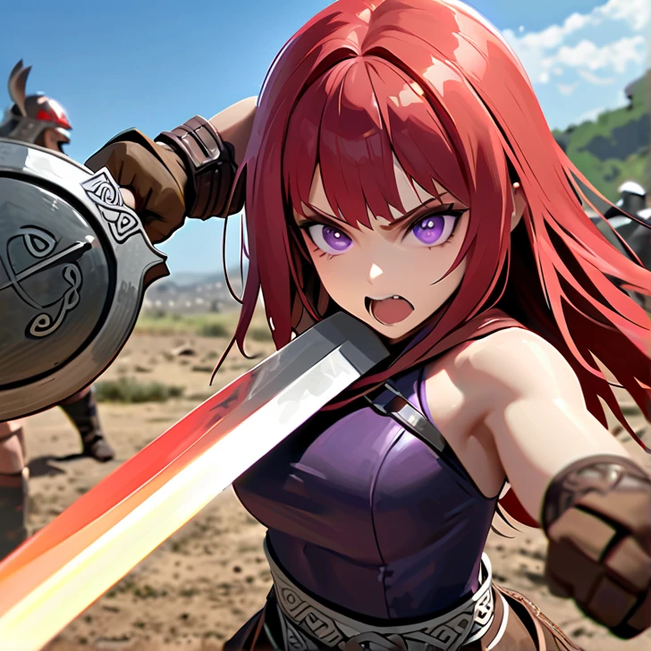 Masterpiece, hd, high resolution, high quality, best quality, super detailed. Solo character alone, multiple views. Fantasy art.
{{(A 20-years-old barbarian-girl:(appearance: messed-medium-length-scarlet-red-hair. purple-eyes with black-pupils. Beautiful-contexture. fair-skin. Confident pose. Beautiful-face. very-violent furious-expression. Angry-open-mouth. eyes with furious-expression. she stands 1,70-cm-tall. Fighting aggressively. swinging her broadsword with left-hand doing fatal-blows. holding her rounded-shield with right-hand. Heroic demeanor. Heroic personality. Brave heroine.),(equipment: steel-magical-broadsword. Rounded-steel-shield.),(she wears: thick one-piece-purple-combat-leotard. silver metal-belt. long-leather-brown-boots. leather-brown-gloves.),(scenery: Celtic training-grounds with ancient greek-objects and celtic-objects in horrible battle. Battlefield between barbarias vs giant-demons.))}