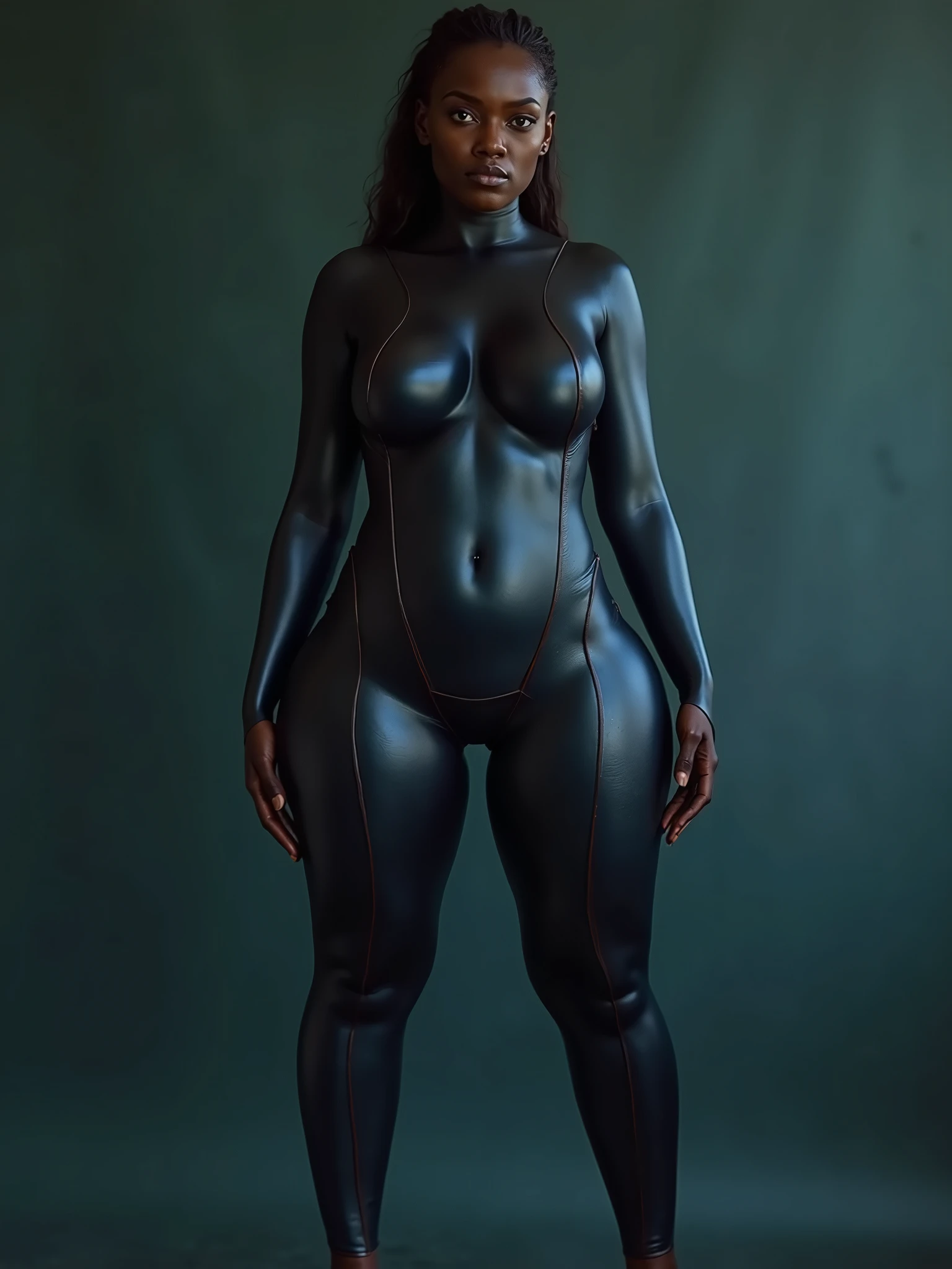 (8k, RAW photo, highest quality), (1 girl), beautiful young ebony girl, Dark skin, teen, teal hair, (nude:1.0),teal eyes, smile, close up, (detailed eyes:0.8), (looking at the camera:1.4), (highest quality), (best shadow), intricate details, interior, dark studio, muted colors, (to8contrast style),