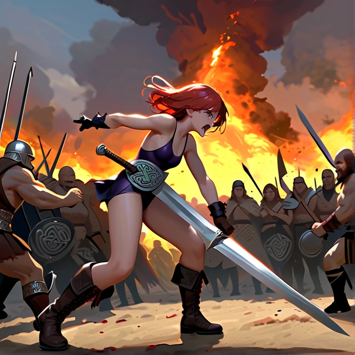 Masterpiece, hd, high resolution, high quality, best quality, super detailed. Solo character alone, multiple views. Fantasy art.
{{(A 14-years-old barbarian-girl:(appearance: messed short-medium-scarlet-red-hair. purple-eyes with black-pupils. slender-contexture. fair-skin. She's fighting bravely and violent against giant-fire-trolls. Beautiful-face. very-violent and angry-expression. Angry-open-mouth. eyes with furious-expression. she stands 1,56-cm-tall. combat pose. swinging her broadsword with left-hand doing fatal-blows. holding her rounded-shield with right-hand. Brave heroine. Heroic demeanor. Heroic personality. Face with blood. Arms and legs bleeding. Sweating nervous.),(equipment: steel-magical-broadsword. Rounded-steel-shield.),(she wears: thick one-piece-purple-combat-leotard. silver metal-belt. long-leather-brown-boots. leather-brown-gloves.),(scenery: Celtic training-grounds with ancient greek-objects and celtic-objects in a terrible battle. Barbarians fighting vs giant-fire-trolls.))}