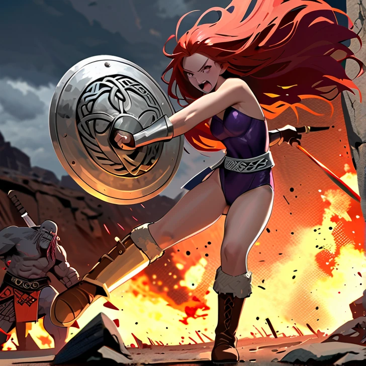 Masterpiece, hd, high resolution, high quality, best quality, super detailed. Solo character alone, multiple views. Fantasy art.
{{(A 14-years-old barbarian-girl:(appearance: messed short-medium-scarlet-red-hair. purple-eyes with black-pupils. slender-contexture. fair-skin. She's fighting bravely and violent against giant-fire-trolls. Beautiful-face. very-violent and angry-expression. Angry-open-mouth. eyes with furious-expression. she stands 1,56-cm-tall. combat pose. swinging her broadsword with left-hand doing fatal-blows. holding her rounded-shield with right-hand. Brave heroine. Heroic demeanor. Heroic personality. Face with blood. Arms and legs bleeding. Sweating nervous.),(equipment: steel-magical-broadsword. Rounded-steel-shield.),(she wears: thick one-piece-purple-combat-leotard. silver metal-belt. long-leather-brown-boots. leather-brown-gloves.),(scenery: Celtic training-grounds with ancient greek-objects and celtic-objects in a terrible battle. Barbarians fighting vs giant-fire-trolls.))}