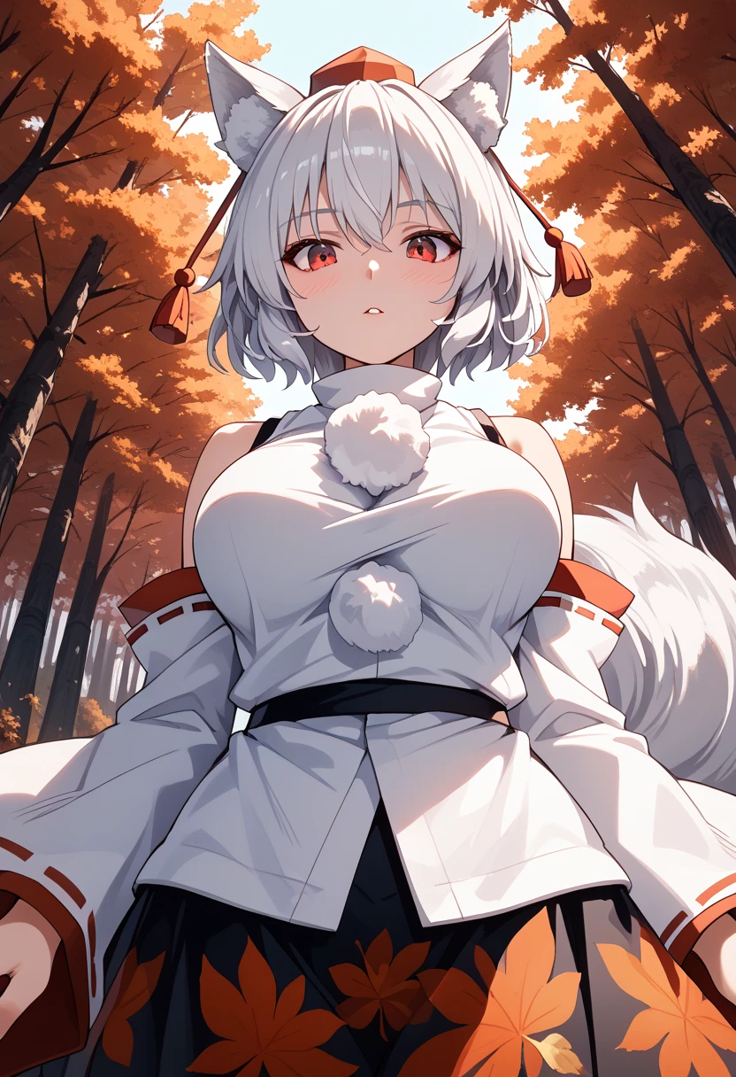 1girl, solo, Momiji Inubashiri, Touhou Project, giantess, amazon, mini-giantess, tall girl, towering, white hair, short hair, wolf ears, fluffy wolf tail, red eyes, adult, large boobs, curvy figure, low POV, light blush, fair-skinned, tokin hat, pom pom \(clothes\), detached sleeves, white shirt, two-tone skirt, looking down at viewer, standing, outdoors, autumn forest