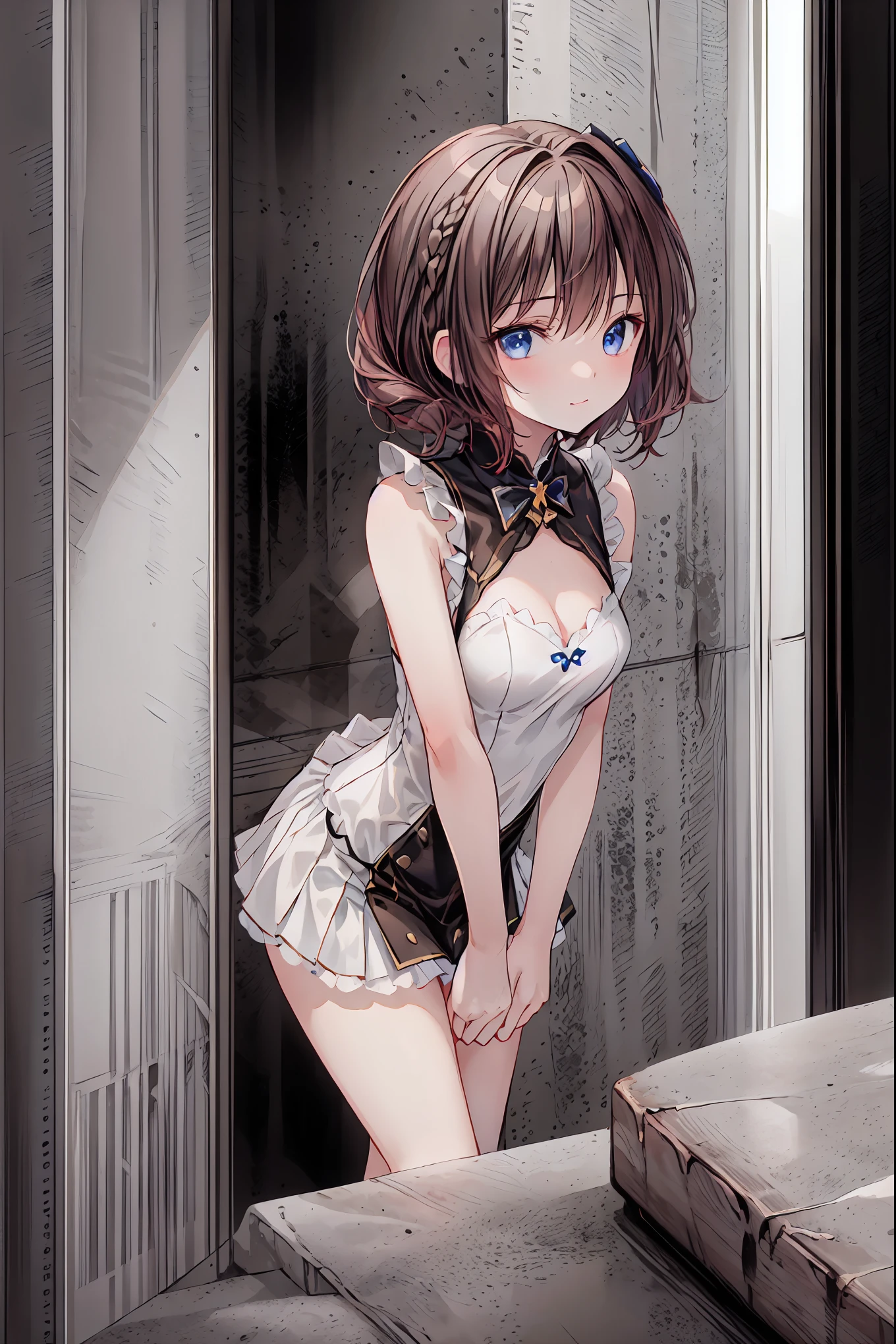 masterpiece, (Two Girls), Idol, close-up, big eyes, Cutetech, Cute, cute, pastel color, top quality , happy , deep background , Symmetric, tilting your head , spring、Brown Hair, shortcuts, Unkempt Hair ,Short braided hair,Neat, slender beautiful woman,Correct posture,Small chest, beautiful legs, enchanting gray-blue eyes shine like stars,Droopy eyes, brightly colored , beautiful eyes,A delicate smile,Textured Skin, best quality best , gentle and beautiful woman , anime style、