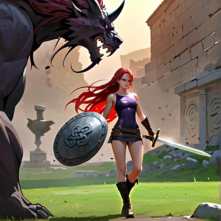 Masterpiece, hd, high resolution, high quality, best quality, super detailed. Solo character alone, multiple views. Fantasy art.
{{(A 20-years-old barbarian-girl:(appearance: messed-medium-length-scarlet-red-hair. purple-eyes with black-pupils. Beautiful-contexture. fair-skin. Confident pose. Beautiful-face. very-violent furious-expression. Angry-open-mouth. eyes with furious-expression. she stands 1,70-cm-tall. Fighting aggressively. swinging her broadsword with left-hand doing fatal-blows. holding her rounded-shield with right-hand. Heroic demeanor. Heroic personality. Brave heroine. Face bleeding. Arms and legs bleeding.),(equipment: steel-magical-broadsword. Rounded-steel-shield.),(she wears: thick one-piece-purple-combat-leotard. silver metal-belt. long-leather-brown-boots. leather-brown-gloves. Her clothes are dirty in blood
.),(scenery: Celtic training-grounds with ancient greek-objects and celtic-objects in horrible battle. Battlefield between barbarias vs giant-demons.))}