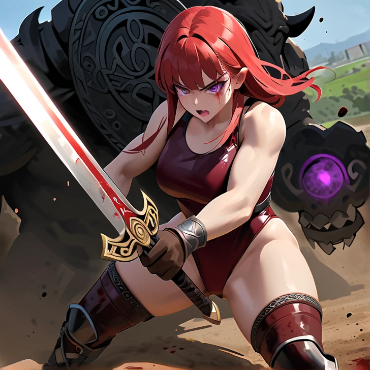 Masterpiece, hd, high resolution, high quality, best quality, super detailed. Solo character alone, multiple views. Fantasy art.
{{(A 20-years-old barbarian-girl:(appearance: messed-medium-length-scarlet-red-hair. purple-eyes with black-pupils. Beautiful-contexture. fair-skin. Confident pose. Beautiful-face. very-violent furious-expression. Angry-open-mouth. eyes with furious-expression. she stands 1,70-cm-tall. Fighting aggressively. swinging her broadsword with left-hand doing fatal-blows. holding her rounded-shield with right-hand. Heroic demeanor. Heroic personality. Brave heroine. Face bleeding. Arms and legs bleeding.),(equipment: steel-magical-broadsword. Rounded-steel-shield.),(she wears: thick one-piece-purple-combat-leotard. silver metal-belt. long-leather-brown-boots. leather-brown-gloves. Her clothes are dirty in blood
.),(scenery: Celtic training-grounds with ancient greek-objects and celtic-objects in horrible battle. Battlefield between barbarias vs giant-demons.))}