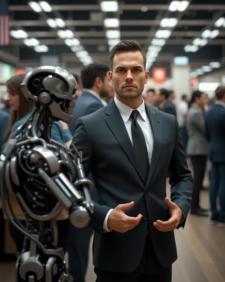 A middle aged Man, muscled athletic, body builer posture, donning a salaryman suite, waiting in line impassioned, he is trying to get the latest toy for his son, an action figire of The Terminator Model T-800. Highly detailed and intricate photorealistic CGI 3D render, wide angle, 24mm f/1.4, 15mm, 35mm, 4k, high resolution, 4k, 8k, high definition, full color, 4k, 8k, 4k, high definition