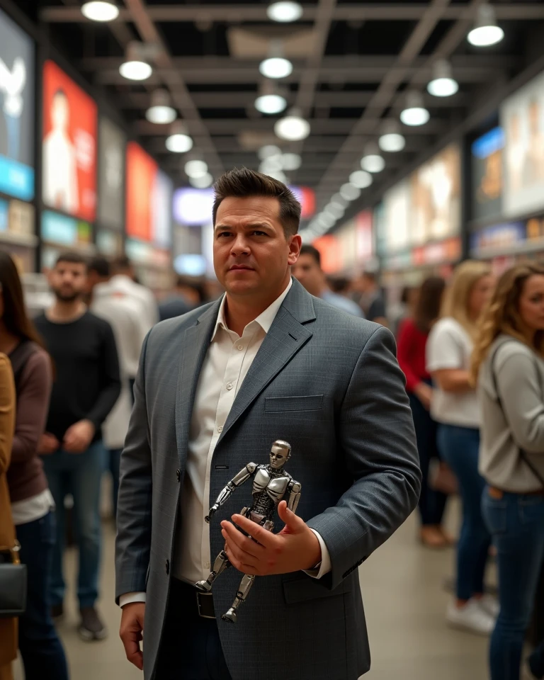 A middle aged Man, muscled athletic, body builer posture, donning a salaryman suite, waiting in line impassioned, he is trying to get the latest toy for his son, an action figire of The Terminator Model T-800. Highly detailed and intricate photorealistic CGI 3D render, wide angle, 24mm f/1.4, 15mm, 35mm, 4k, high resolution, 4k, 8k, high definition, full color, 4k, 8k, 4k, high definition